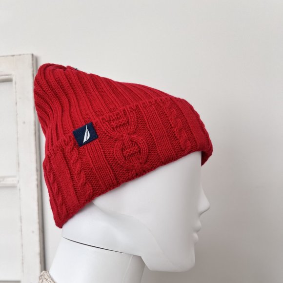 Nautica Women's One Size Red Cable Knit Beanie, Winter Cuffed Cup Hat NW - Picture 6 of 13